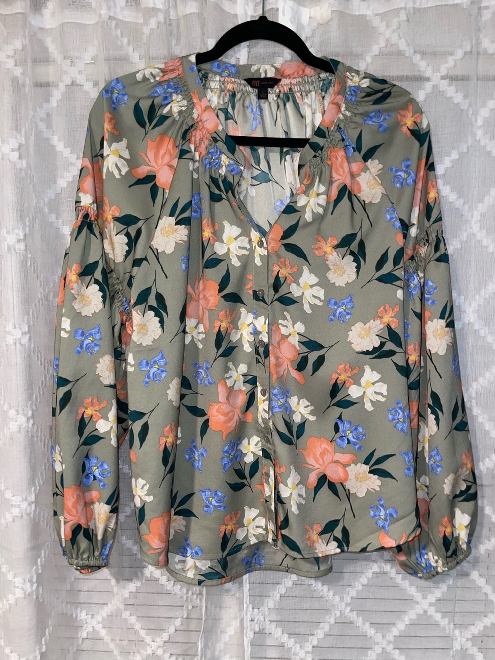 Frye Olive Floral Button-Front Blouse with Coral and Blue Flowers